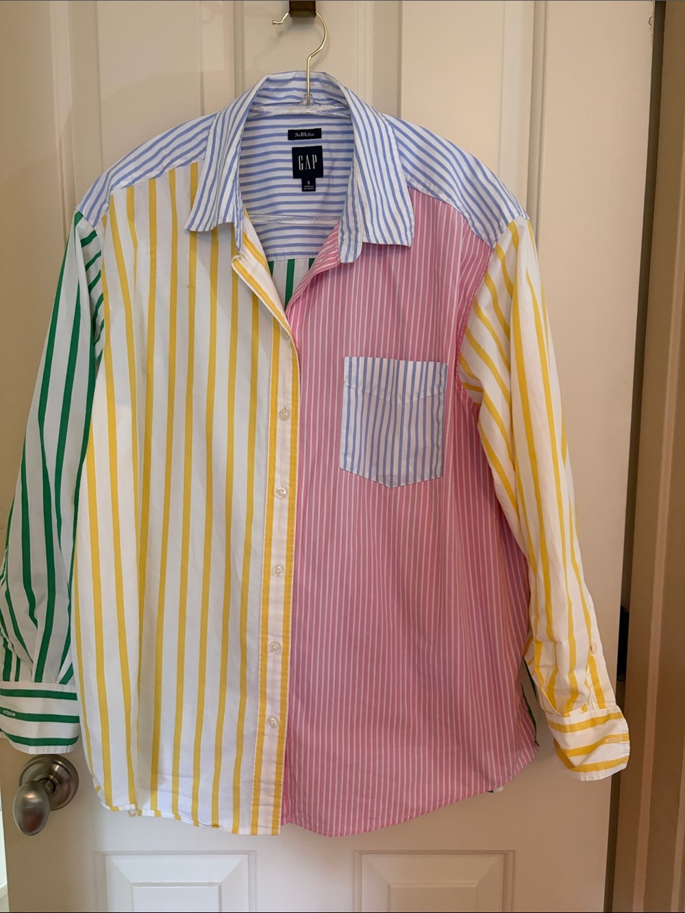 GAP Colorblock Stripe Button-Down Shirt in Pink, Yellow, Blue & Green